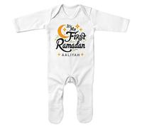 Purple Print House Personalised Its My First Ramadan Romper Suit for Girls Islamic Half Crest Moon 1st Eid Keepsake Babies Sleepsuit, 3-6 Months, White