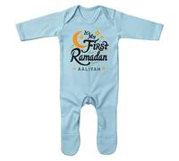 Purple Print House Personalised Its My First Ramadan Romper Suit for Girls Islamic Half Crest Moon 1st Eid Keepsake Babies Sleepsuit, 3-6 Months, Light Blue
