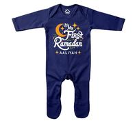 Purple Print House Personalised Its My First Ramadan Romper Suit for Girls Islamic Half Crest Moon 1st Eid Keepsake Babies Sleepsuit, 6-12 Months, Navy