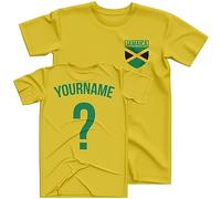 Purple Print House Personalised Jamaica Shirt Kids Flag Football T Shirt Custom Name Number Boys Girls Jamaican Retro Badge Supporter, 5-6 Years, Yellow