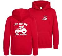 Purple Print House Personalised Just A Boy Who Loves Tractors Boys Hoodie Kids Custom Farming Hooded Sweatshirt, 3-4 Years, Red