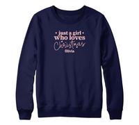 Purple Print House Personalised Just A Girl Who Loves Christmas Sweatshirt For Girls Rose Gold Xmas Jumper Day Love Hearts Girlie Sweater, 7-8 Years, Navy