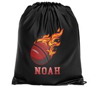 Purple Print House Personalised Kids Cricket Drawstring Bag with Flame Design Boys Girls Custom Name School PE Kit Bag Infants Sports Gift, One Size, Black
