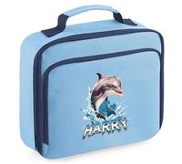 Purple Print House Personalised Kids Dolphin Lunch Bag Boys Girls Custom Name Lunchbox for Back to School or Nursery New Term Infant Gift, 24cm x 20cm x 8cm, Sky Blue
