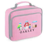 Purple Print House Personalised Kids Farm Animals Lunch Bag Boys Girls Custom Name Lunchbox for School Toddlers Infants Back to Nursery Gift, 24cm x 20cm x 8cm, Pink