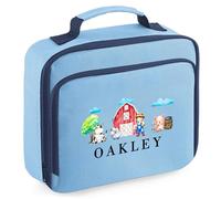 Purple Print House Personalised Kids Farm Animals Lunch Bag Boys Girls Custom Name Lunchbox for School Toddlers Infants Back to Nursery Gift, 24cm x 20cm x 8cm, Sky Blue