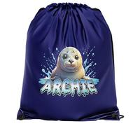 Purple Print House Personalised Kids Seal Drawstring Bag Boys Girls Water Splash Design PE Sports Bag Custom Name Back to School Gift, One Size, Navy