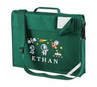 Purple Print House Personalised Kids Space Book Bag with Strap Boys Girls Astronauts Design for Primary Infants Custom Name School Gift, One Size, Bottle Green