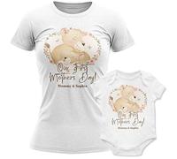 Purple Print House Personalised Lioness Name Our 1st Mothers Day Matching Babygrow & T Shirt Outfit Set, Gifts for Mummy Baby Boy or Girl, 12-18 Months, White