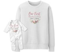 Purple Print House Personalised Matching 1st Mothers Day Romper Suit and Sweatshirt Set Mummy Daughter Flowers 1st, 3-6 Months, White