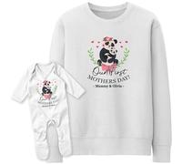 Purple Print House Personalised Matching Mothers Day Panda Romper Suit Mummy and Baby Design Custom Name 1st Gift Mum Baby, 6-12 Months, White