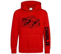 Purple Print House Personalised Monster Truck Kids Hoodie Boys Mega Off Road Trucks Hooded Top, 5-6 Years, Red
