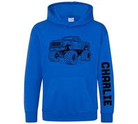 Purple Print House Personalised Monster Truck Kids Hoodie Boys Mega Off Road Trucks Hooded Top, 5-6 Years, Royal