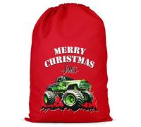 Purple Print House Personalised Monster Truck Present Sack For Boys - Custom Green Off Road Xmas Gift Bag for Son Nephew - Merry Christmas Stocking, XL, Red