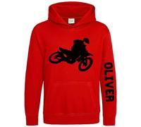 Purple Print House Personalised Motocross Bike Hoodie Boys Girls Custom Name Dirt Biking Hooded Jumper Off Roading Motorbike Top, 7-8 Years, Red