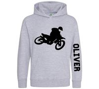 Purple Print House Personalised Motocross Bike Hoodie Boys Girls Custom Name Dirt Biking Hooded Jumper Off Roading Motorbike Top, 9-11 Years, Sport Grey