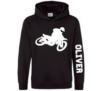 Purple Print House Personalised Motocross Bike Hoodie Boys Girls Custom Name Dirt Biking Hooded Jumper Off Roading Motorbike Top, 1-2 Years, Black