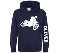 Purple Print House Personalised Motocross Bike Hoodie Boys Girls Custom Name Dirt Biking Hooded Jumper Off Roading Motorbike Top, 3-4 Years, Navy