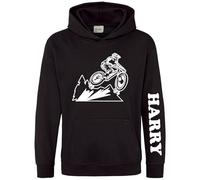 Purple Print House Personalised Mountain Bike Boys Hoodie Kids Off Road Bike Hoody Custom Biker Hooded Sweatshirt, 12-13 Years, Black