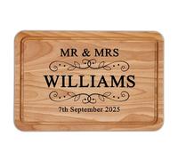 Purple Print House Personalised Mr and Mrs Wooden Chopping Board - Custom Surname and Date - Newlyweds Keepsake - Wedding Anniversary Husband Wife Gift - Kitchen Accessory