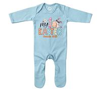 Purple Print House Personalised My 1st Easter Baby Romper Suit Custom First Easter Sunday Bunny Babies Girls Sleepsuit, 6-12 Months, Light Blue