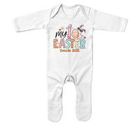 Purple Print House Personalised My 1st Easter Baby Romper Suit Custom First Easter Sunday Bunny Babies Girls Sleepsuit, 3-6 Months, White
