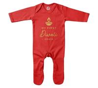 Purple Print House Personalised My First Diwali Romper Suit Baby Boys Girls Custom Gold Festival of Lights Diya Sleepsuit Babies, 0-3 Months, Red