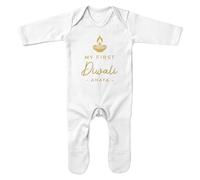 Purple Print House Personalised My First Diwali Romper Suit Baby Boys Girls Custom Gold Festival of Lights Diya Sleepsuit Babies, 6-12 Months, White