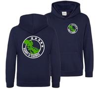Purple Print House Personalised Name-a-saurus Kids Hoodie Dinosaurs Dino Large Back Boy Girl Hooded Top, 7-8 Years, Navy