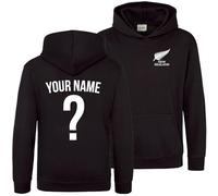 Purple Print House Personalised New Zealand Name and Number Hoodie Boys Girls Custom Silver Fern Hoody For Rugby Supporters, 12-13 Years, Black
