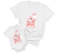 Purple Print House Personalised Our 1st Mothers Day Rabbits Babygrow and Matching T Shirt Set Mummy and Baby Boy or Girl Mum Bunnies First Mothering Sunday Gifts, 6-12 Months, White