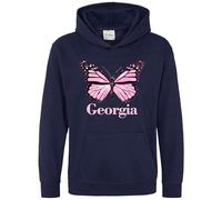 Purple Print House Personalised Pink Butterfly Hoodie For Girls Custom Flying Butterflies Hooded Sweatshirt Kids, 9-11 Years, Navy