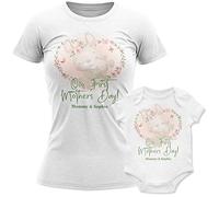 Purple Print House Personalised Rabbit Name Our First Mothers Day Matching Babygrow & T Shirt Outfit Set, Gifts for Mummy Baby Boy or Girl, 6-12 Months, White