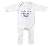 Purple Print House Personalised Ramadan Romper Suit - Eid Mubarak Blue Moon Temple Sleepsuit With Added Baby Name For Boys And Girls, 0-3 Months, White