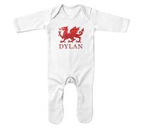 Purple Print House Personalised Red Glitter Welsh Dragon Romper Suit Baby Boys Girls Cymru St Davids Day Wales Sleepsuit, 3-6 Months, White