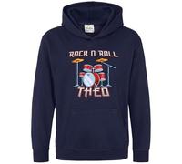 Purple Print House Personalised Rock and Roll Drumset Kids Hoodie Music Drummers Bands Custom Name Boy Girl Hooded Top, 7-8 Years, Navy