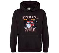 Purple Print House Personalised Rock and Roll Drumset Kids Hoodie Music Drummers Bands Custom Name Boy Girl Hooded Top, 3-4 Years, Black