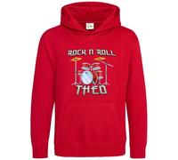 Purple Print House Personalised Rock and Roll Drumset Kids Hoodie Music Drummers Bands Custom Name Boy Girl Hooded Top, 9-11 Years, Red