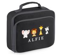 Purple Print House Personalised Safari Lunch Box Jungle Animal Design Custom Name for Kids Boys Girls Back to School Nursery Infant, 24cm x 20cm x 8cm, Black
