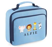 Purple Print House Personalised Safari Lunch Box Jungle Animal Design Custom Name for Kids Boys Girls Back to School Nursery Infant, 24cm x 20cm x 8cm, Sky Blue