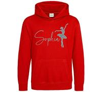 Purple Print House Personalised Silver Glitter Ballet Dancer Girls Hoodie, Dancing Birthday Gift Ideas for Daughter, Ballet Dance Class Hoody, Cute Ballerina, 7-8 Years, Red