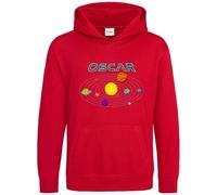 Purple Print House Personalised Solar System Hoodie For Kids Universe Planets Moon Boy Girls Custom Name Hooded Top, 5-6 Years, Red