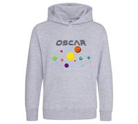 Purple Print House Personalised Solar System Hoodie For Kids Universe Planets Moon Boy Girls Custom Name Hooded Top, 9-11 Years, Sport Grey