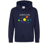 Purple Print House Personalised Solar System Hoodie For Kids Universe Planets Moon Boy Girls Custom Name Hooded Top, 12-13 Years, Navy