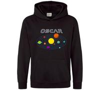 Purple Print House Personalised Solar System Hoodie For Kids Universe Planets Moon Boy Girls Custom Name Hooded Top, 12-13 Years, Black