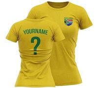 Purple Print House Personalised South Africa Badge T Shirt Womens Custom Name and Number Printed Football Rugby African, S, Yellow