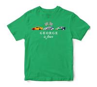 Purple Print House Personalised Sports Cars Birthday T Shirt Kids Custom Name & Age Motor Racing Top Motorsports Bday Gift, 2-3 Years, Irish Green