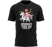 Purple Print House Personalised Stag Do T Shirt Groom Riding Unicorn Custom Face Name Location Funny Gift Men Bachelor Party Holiday Weekend, L, Black