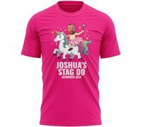 Purple Print House Personalised Stag Do T Shirt Groom Riding Unicorn Custom Face Name Location Funny Gift Men Bachelor Party Holiday Weekend, XL, Bright Pink