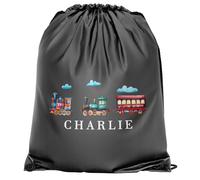 Purple Print House Personalised Trains Drawstring Bag Custom Name Steam Train And Carriage Design Back To School Boys PE Sports Bag, One Size, Dark Grey